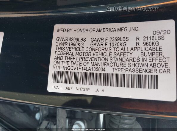 1HGCV1F14LA135034 2020 HONDA ACCORD Черный Вид подкапотного пространства