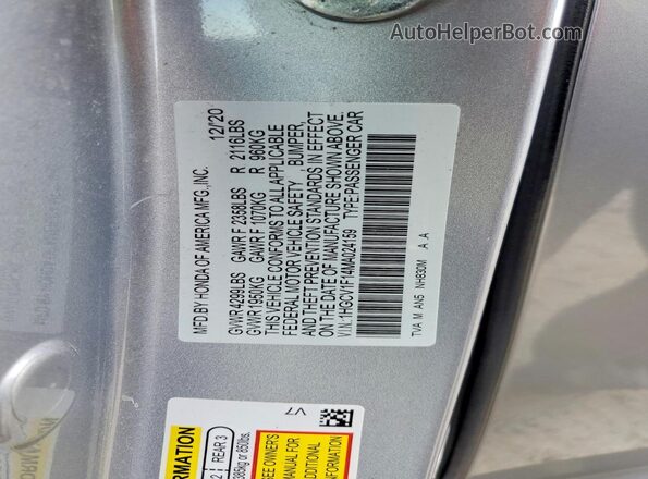 1HGCV1F14MA024159 2021 HONDA ACCORD Silver 