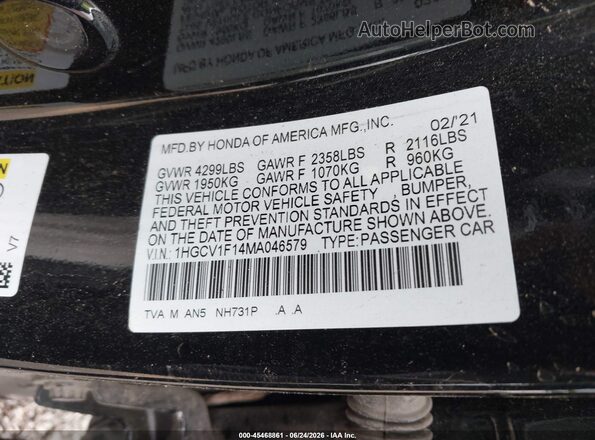 1HGCV1F14MA046579 2021 HONDA ACCORD Black Вид підкапотного простору