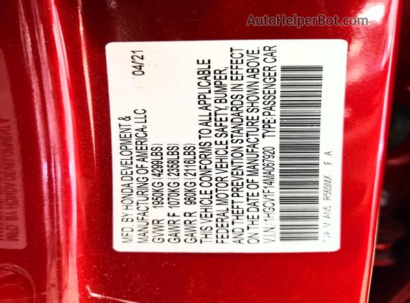 1HGCV1F14MA067920 2021 HONDA ACCORD Red Вид підкапотного простору