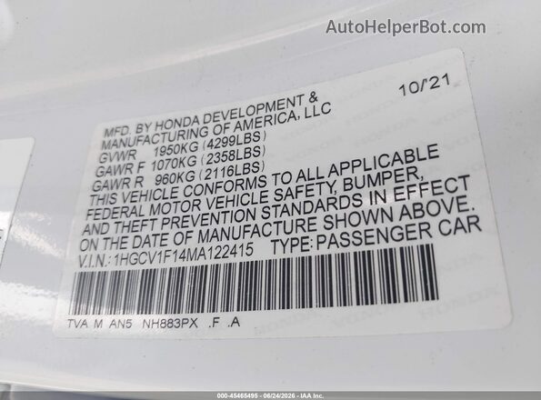 1HGCV1F14MA122415 2021 HONDA ACCORD White Widok komory silnika