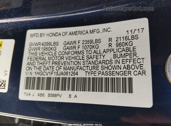 1HGCV1F15JA061264 2018 HONDA ACCORD Blue ძრავის განყოფილების ხედი