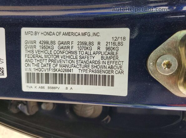 1HGCV1F15KA026841 2019 HONDA ACCORD Blue Շարժիչի բաժամունքի տեսք