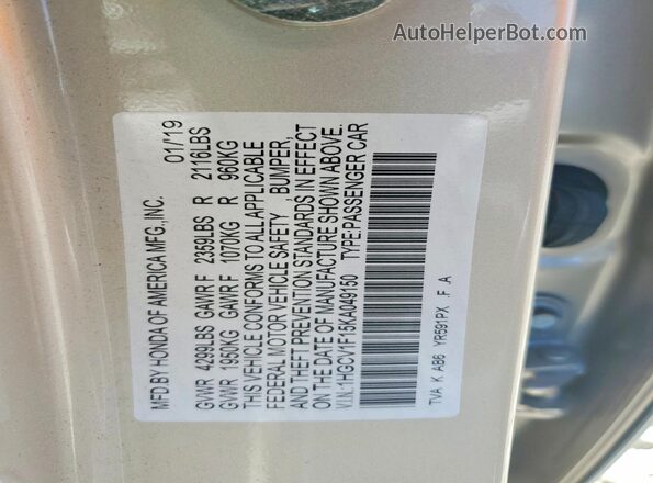 1HGCV1F15KA049150 2019 HONDA ACCORD Tan 