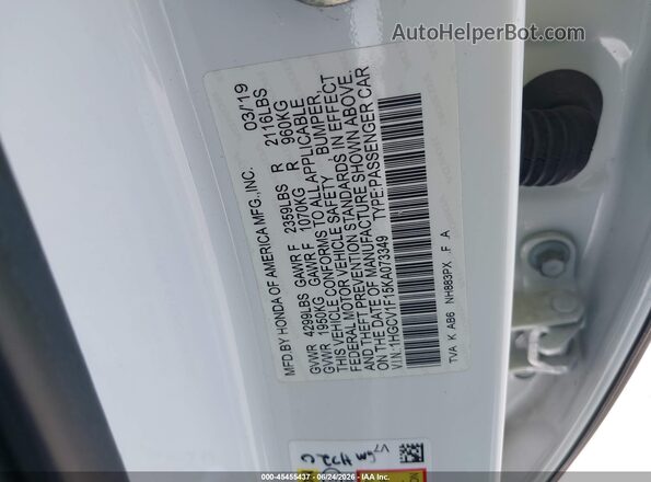 1HGCV1F15KA073349 2019 HONDA ACCORD Белый Вид подкапотного пространства