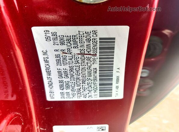 1HGCV1F15KA114434 2019 HONDA ACCORD Red VIN sticker view