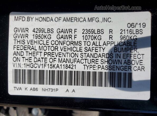 1HGCV1F15KA118421 2019 HONDA ACCORD Black Vista del compartimento del motor