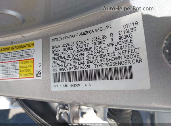 1HGCV1F15KA140080 2019 HONDA ACCORD Silver Շարժիչի բաժամունքի տեսք