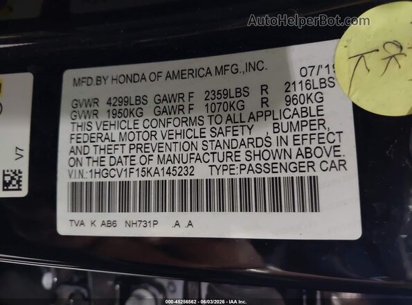 1HGCV1F15KA145232 2019 HONDA ACCORD Black 