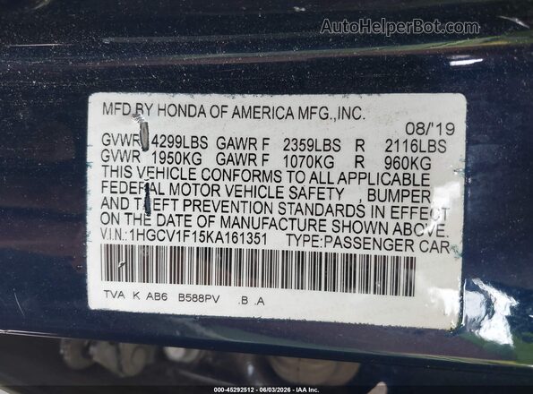 1HGCV1F15KA161351 2019 HONDA ACCORD Blue Շարժիչի բաժամունքի տեսք