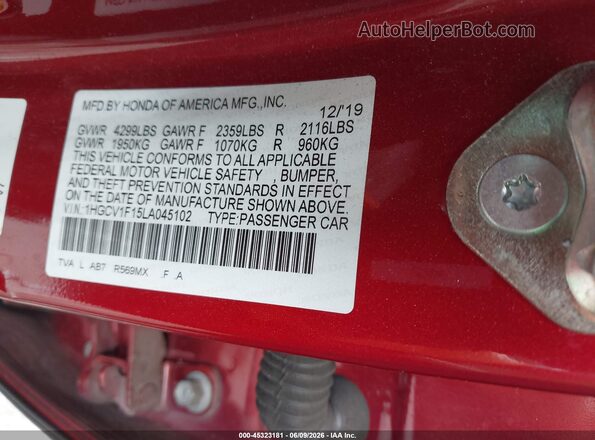 1HGCV1F15LA045102 2020 HONDA ACCORD Темно-бордовый Вид подкапотного пространства
