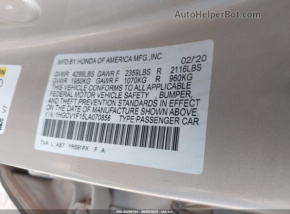 1HGCV1F15LA070856 2020 HONDA ACCORD Gold Widok komory silnika