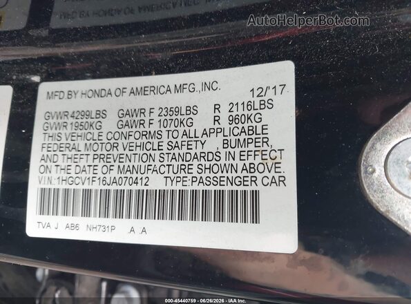 1HGCV1F16JA070412 2018 HONDA ACCORD Black Vista del compartimento del motor