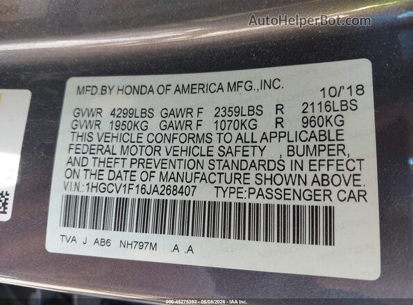 1HGCV1F16JA268407 2018 HONDA ACCORD Gray Vista del compartimento del motor