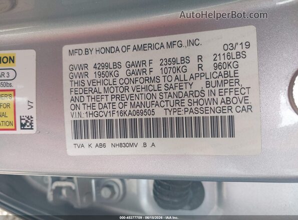 1HGCV1F16KA069505 2019 HONDA ACCORD Gray Вид підкапотного простору