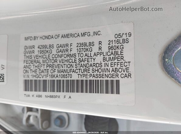 1HGCV1F16KA106570 2019 HONDA ACCORD White Engine compartment view