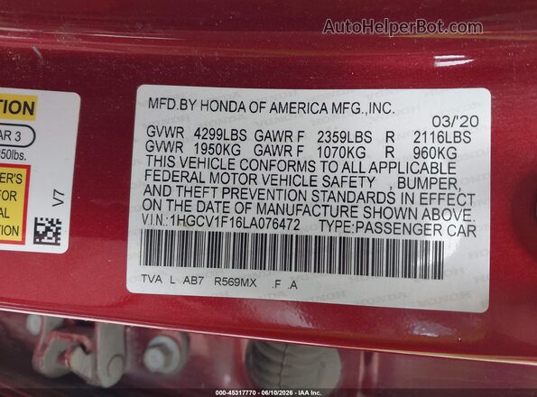 1HGCV1F16LA076472 2020 HONDA ACCORD Red Вид підкапотного простору