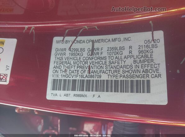 1HGCV1F16LA086709 2020 HONDA ACCORD Red ძრავის განყოფილების ხედი