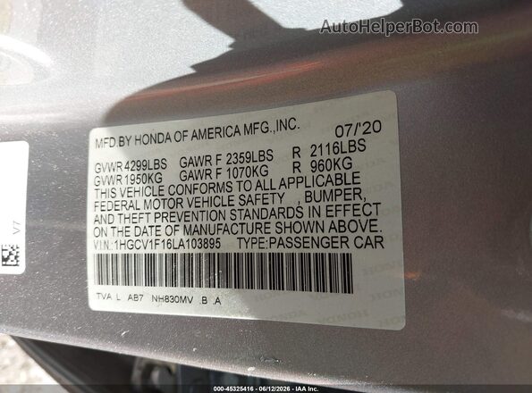 1HGCV1F16LA103895 2020 HONDA ACCORD Silver ძრავის განყოფილების ხედი