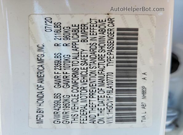 1HGCV1F16LA107770 2020 HONDA ACCORD White Widok komory silnika
