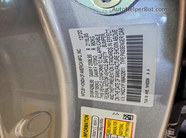 1HGCV1F16MA029511 2021 HONDA ACCORD Silver Widok naklejki z numerem VIN