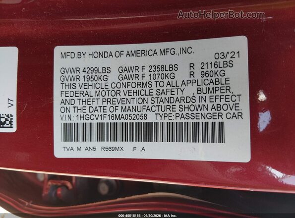 1HGCV1F16MA052058 2021 HONDA ACCORD Red Շարժիչի բաժամունքի տեսք