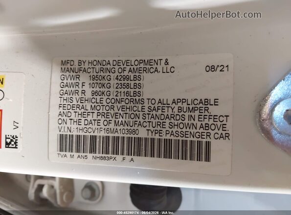 1HGCV1F16MA103980 2021 HONDA ACCORD Белый Вид подкапотного пространства