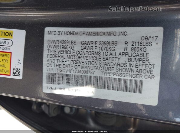 1HGCV1F17JA000787 2018 HONDA ACCORD Gray Շարժիչի բաժամունքի տեսք