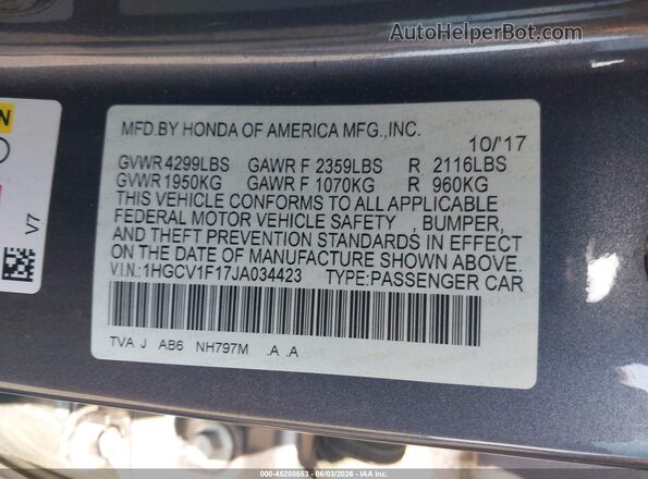 1HGCV1F17JA034423 2018 HONDA ACCORD Gray 