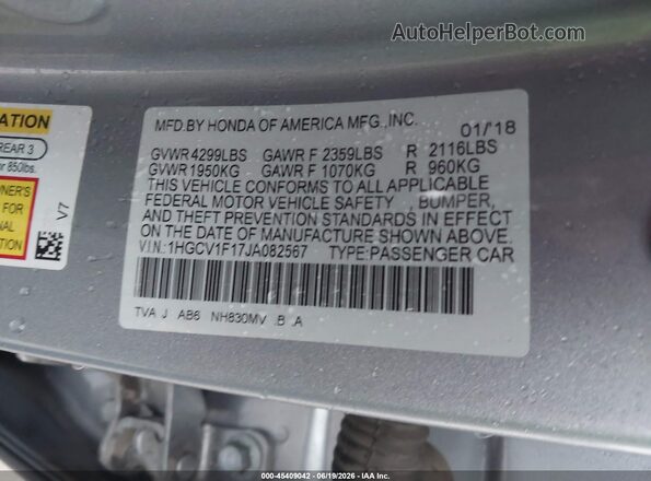 1HGCV1F17JA082567 2018 HONDA ACCORD Silver Vista del compartimento del motor
