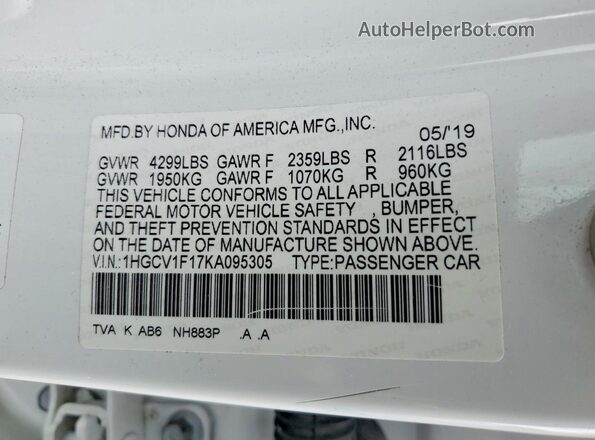 1HGCV1F17KA095305 2019 HONDA ACCORD White ძრავის განყოფილების ხედი