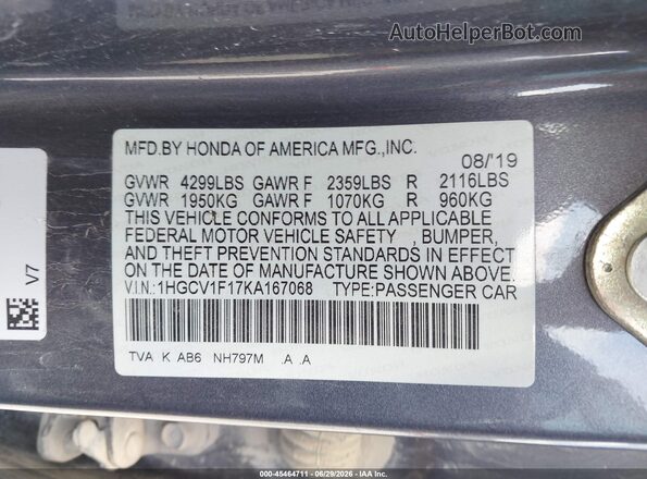 1HGCV1F17KA167068 2019 HONDA ACCORD Серый Вид подкапотного пространства