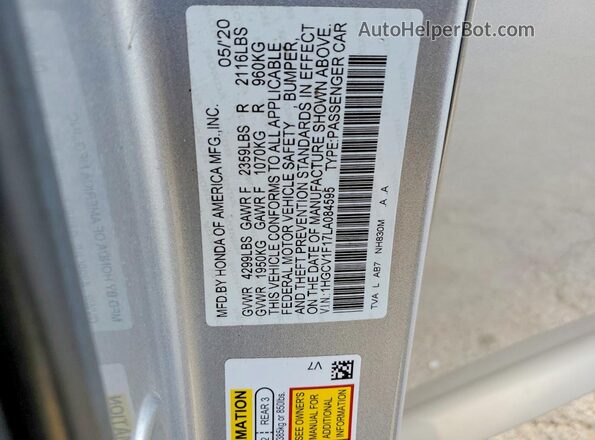 1HGCV1F17LA084595 2020 HONDA ACCORD Silver Vista del compartimento del motor