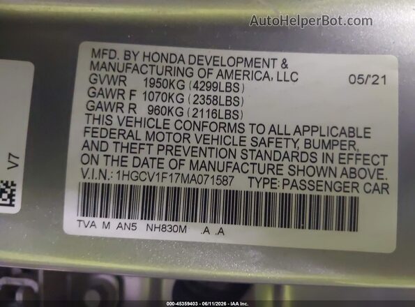 1HGCV1F17MA071587 2021 HONDA ACCORD Silver Вид підкапотного простору
