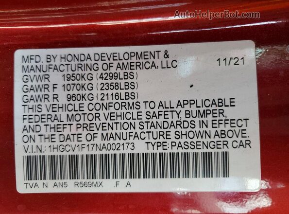1HGCV1F17NA002173 2022 HONDA ACCORD Burgundy 
