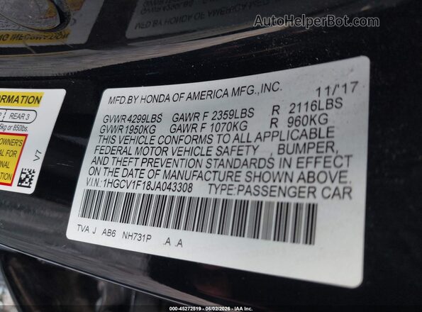 1HGCV1F18JA043308 2018 HONDA ACCORD Black Engine compartment view