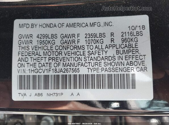 1HGCV1F18JA267565 2018 HONDA ACCORD Black Vista del compartimento del motor