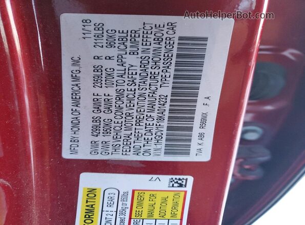 1HGCV1F18KA014232 2019 HONDA ACCORD Burgundy VIN կոդի պիտակի տեսք