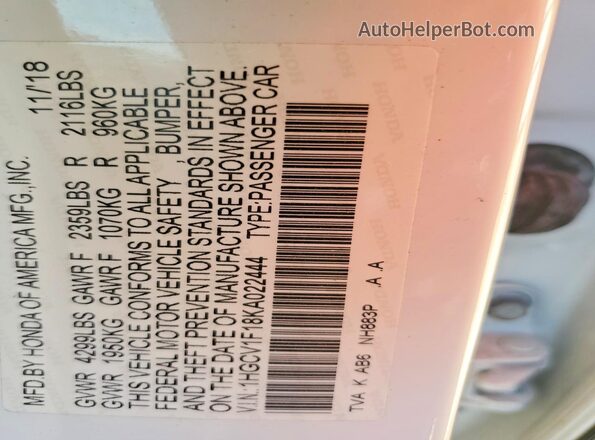 1HGCV1F18KA022444 2019 HONDA ACCORD White 