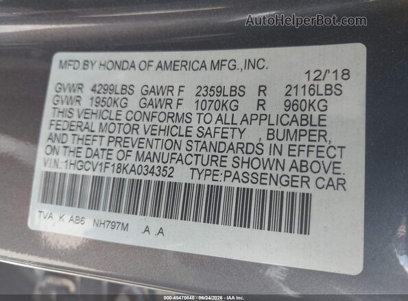 1HGCV1F18KA034352 2019 HONDA ACCORD Gray Engine compartment view