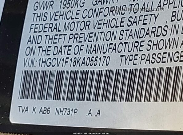1HGCV1F18KA055170 2019 HONDA ACCORD Black Շարժիչի բաժամունքի տեսք