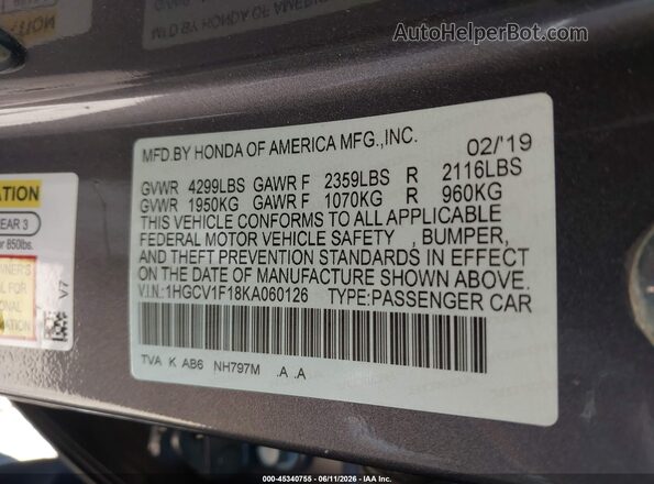 1HGCV1F18KA060126 2019 HONDA ACCORD Gray Vista del compartimento del motor