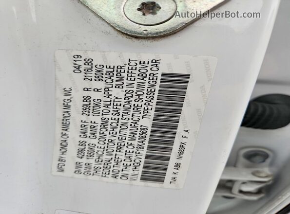1HGCV1F18KA085687 2019 HONDA ACCORD White Widok naklejki z numerem VIN