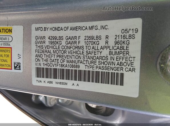 1HGCV1F18KA108689 2019 HONDA ACCORD Silver Vista del compartimento del motor