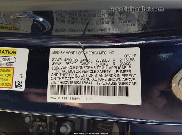 1HGCV1F18KA129641 2019 HONDA ACCORD Blue Շարժիչի բաժամունքի տեսք