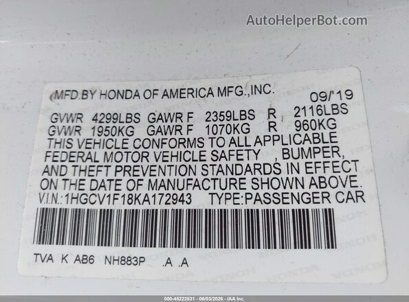 1HGCV1F18KA172943 2019 HONDA ACCORD White Вид підкапотного простору