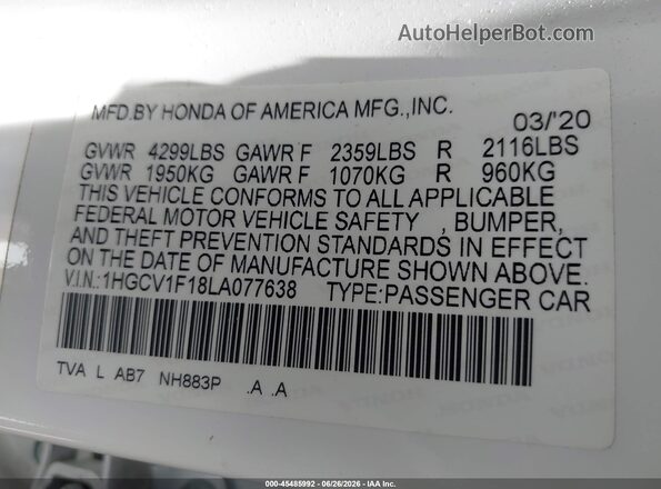 1HGCV1F18LA077638 2020 HONDA ACCORD White Вид підкапотного простору