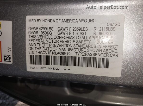 1HGCV1F18LA098490 2020 HONDA ACCORD Silver Widok komory silnika