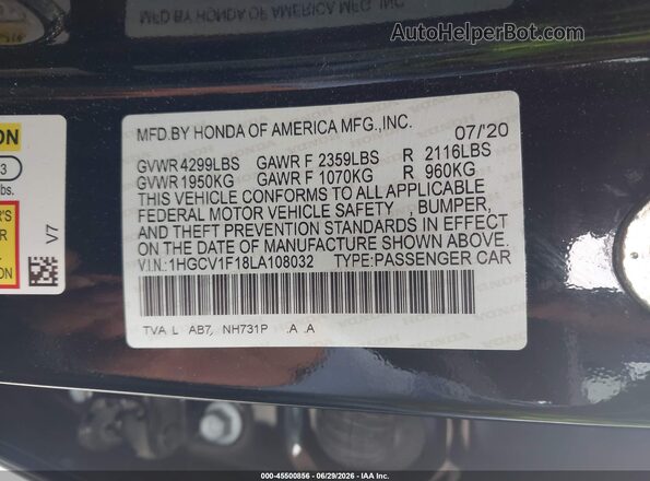 1HGCV1F18LA108032 2020 HONDA ACCORD Black Շարժիչի բաժամունքի տեսք