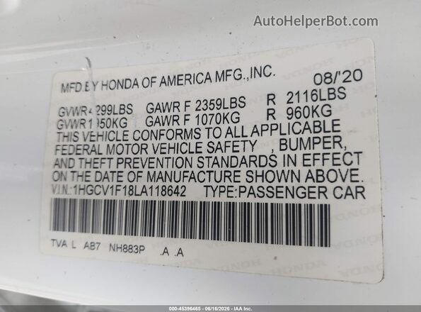 1HGCV1F18LA118642 2020 HONDA ACCORD White Engine compartment view